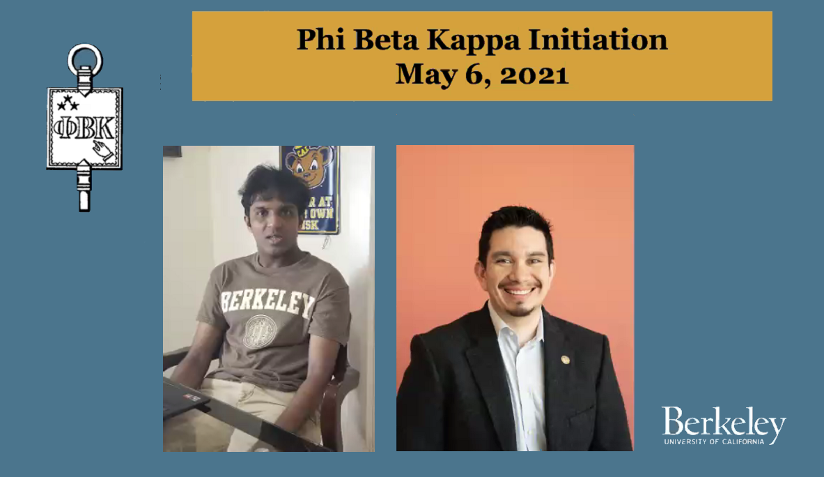 Yellow banner that reads Phi Beta Kappa Initiation May 6, 2021 above pictures of initiates from RadMad Lab -Nate Tilton & Hari Srinivasan.