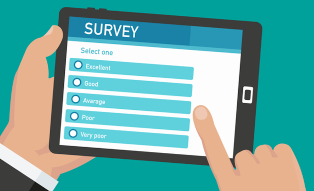 Animated image of hands holding an tablet in which a survey is displayed with options ranging from excellent to very poor.
